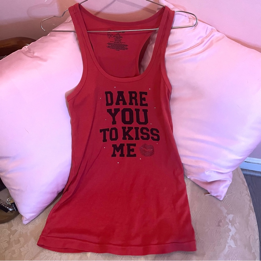 No Boundaries “DARE YOU TO KISS ME” Sequin Tank Top / Sleepwear w Lipstick Stain
